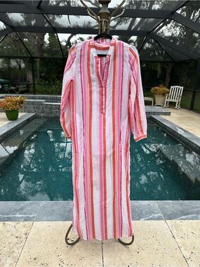 Soft Surroundings Kaftan Or Beach Dress M/L Orange’s Pink & White Stripes Boho